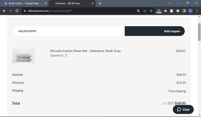 Silk and Snow checkout page showing Silk and Snow coupon code box | Screenshot taken by SimplyCodes community member on Oct 6, 2023
