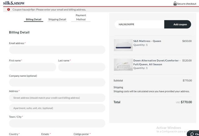 Silk and Snow checkout page showing Silk and Snow coupon code box | Screenshot taken by SimplyCodes community member on Feb 16, 2023