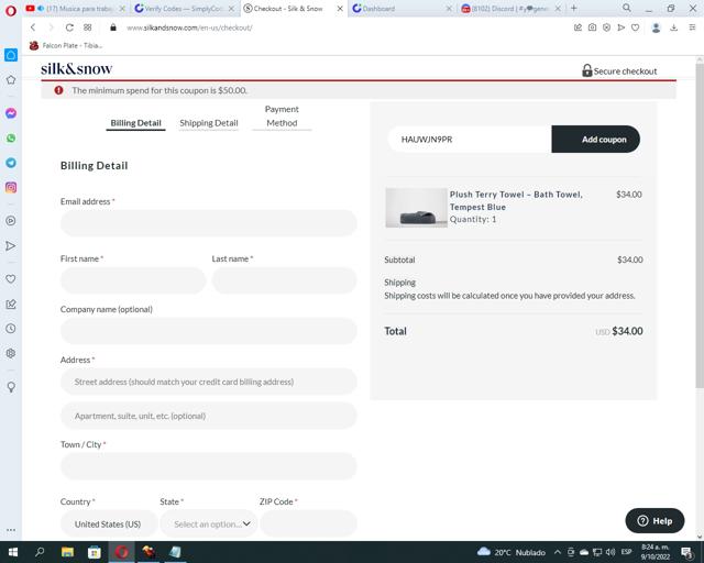 Silk and Snow checkout page showing Silk and Snow coupon code box | Screenshot taken by SimplyCodes community member on Oct 9, 2022