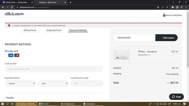 Silk and Snow checkout page showing Silk and Snow coupon code box | Screenshot taken by SimplyCodes community member on Jul 14, 2023