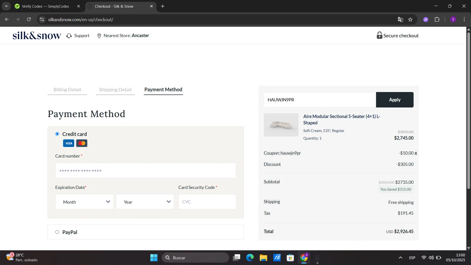 Silk and Snow checkout page showing Silk and Snow coupon code box | Screenshot taken by SimplyCodes community member on Oct 5, 2025