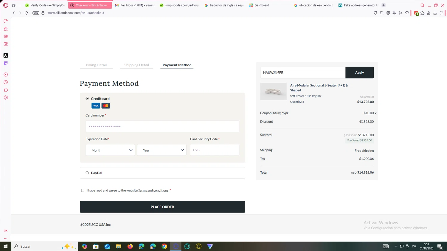 Silk and Snow checkout page showing Silk and Snow coupon code box | Screenshot taken by SimplyCodes community member on Oct 1, 2025