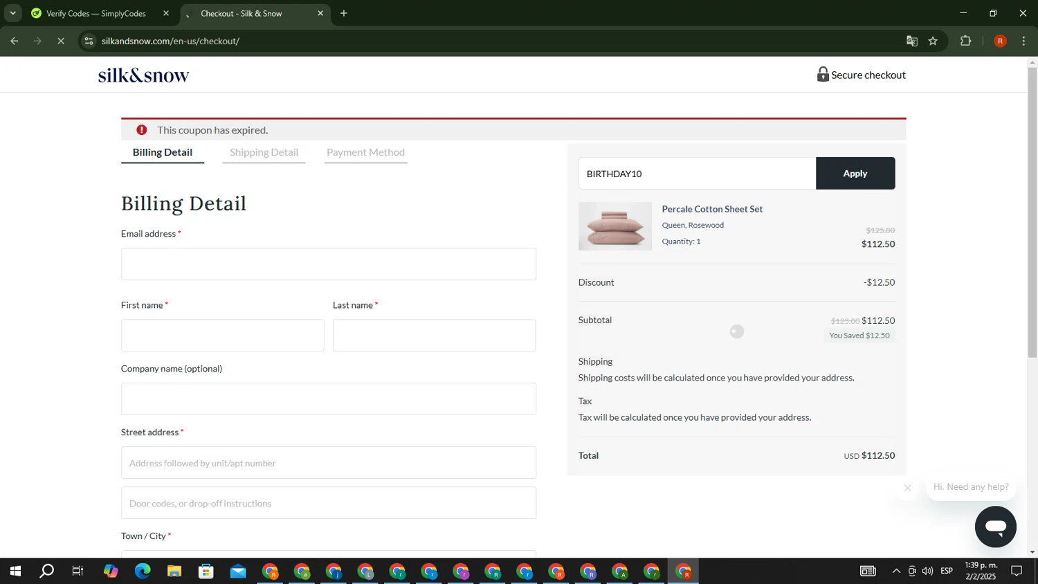 Silk and Snow coupon code screenshot showing code BIRTHDAY10 applied at Silk and Snow checkout page. Uploaded by SimplyCodes community member MagnificentExpert2705 on Feb 2, 2025