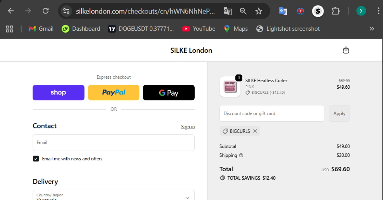 Silke London promo code screenshot showing code BIGCURLS applied at Silke London checkout page. Uploaded by SimplyCodes community member 502312 on Dec 13, 2025