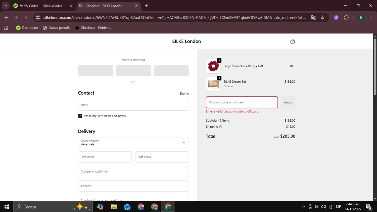 Silke London promo code screenshot showing code TREAT15 applied at Silke London checkout page. Uploaded by SimplyCodes community member Coneflavols on Nov 14, 2025