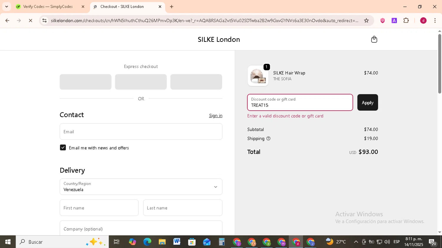 Silke London promo code screenshot showing code TREAT15 applied at Silke London checkout page. Uploaded by SimplyCodes community member FrugalMonarch7277 on Nov 15, 2025