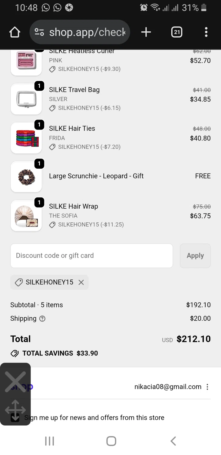 Silke London promo code screenshot showing code SILKEHONEY15 applied at Silke London checkout page. Uploaded by SimplyCodes community member GloriousFinder136 on Dec 6, 2025