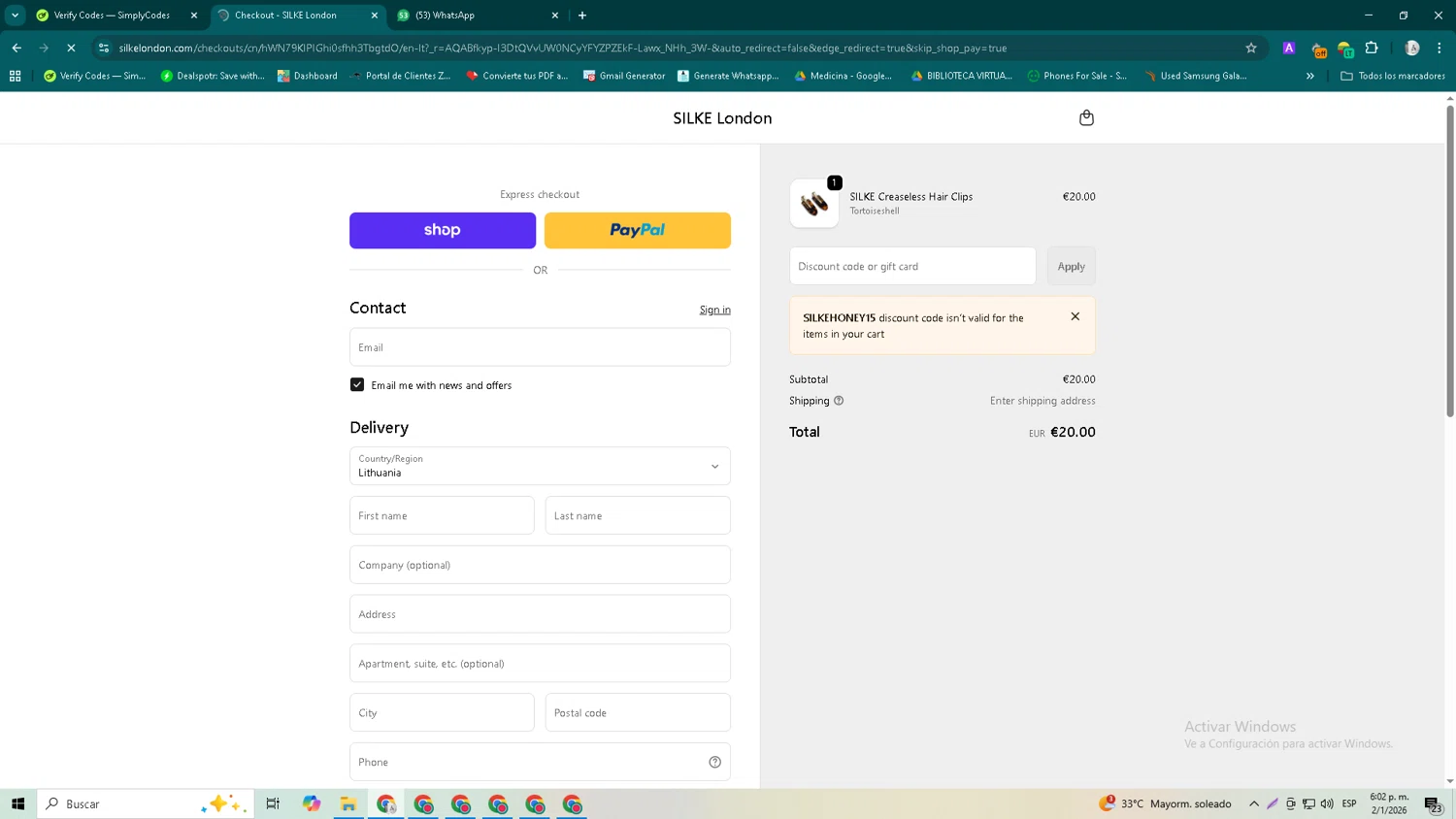 Silke London checkout page showing Silke London promo code box | Screenshot taken by SimplyCodes community member on Jan 2, 2026