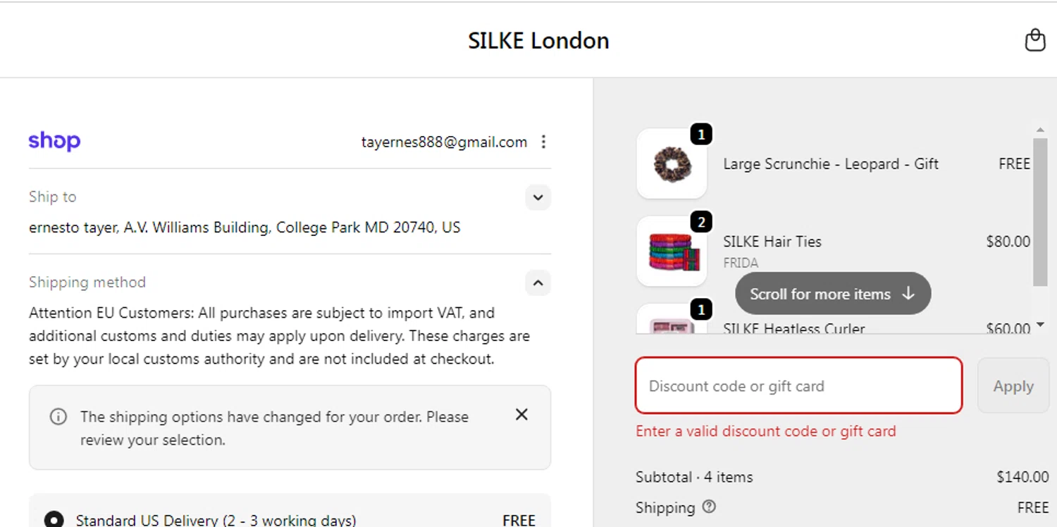 Silke London promo code screenshot showing code BIGCURLS applied at Silke London checkout page. Uploaded by SimplyCodes community member Braun007 on Dec 17, 2025