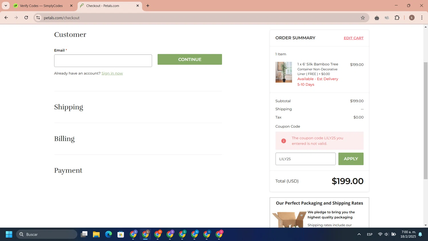 Petals.com promo code screenshot showing code LILY25 applied at Petals.com checkout page. Uploaded by SimplyCodes community member DiscountCaptain9530 on Feb 18, 2025