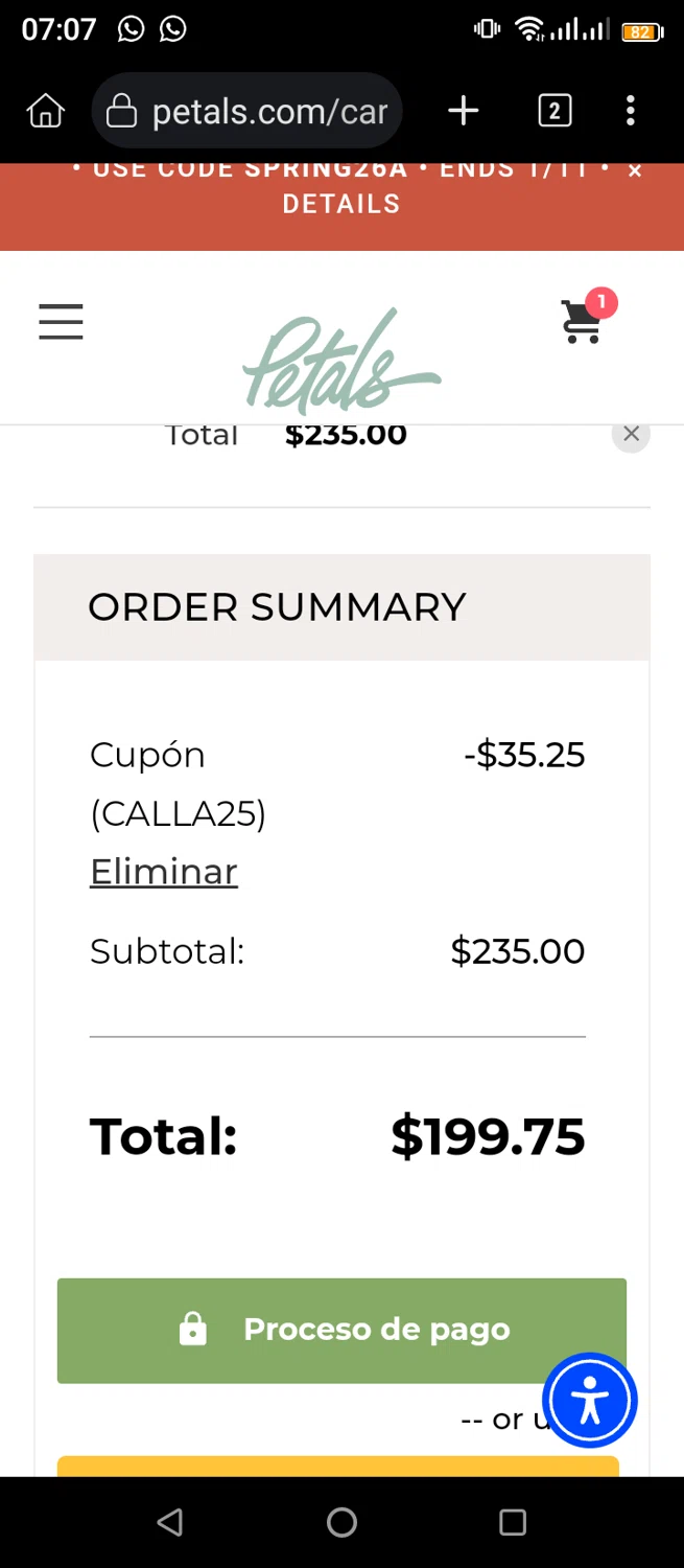 Petals.com checkout page showing Petals.com promo code box | Screenshot taken by SimplyCodes community member on Jan 11, 2026