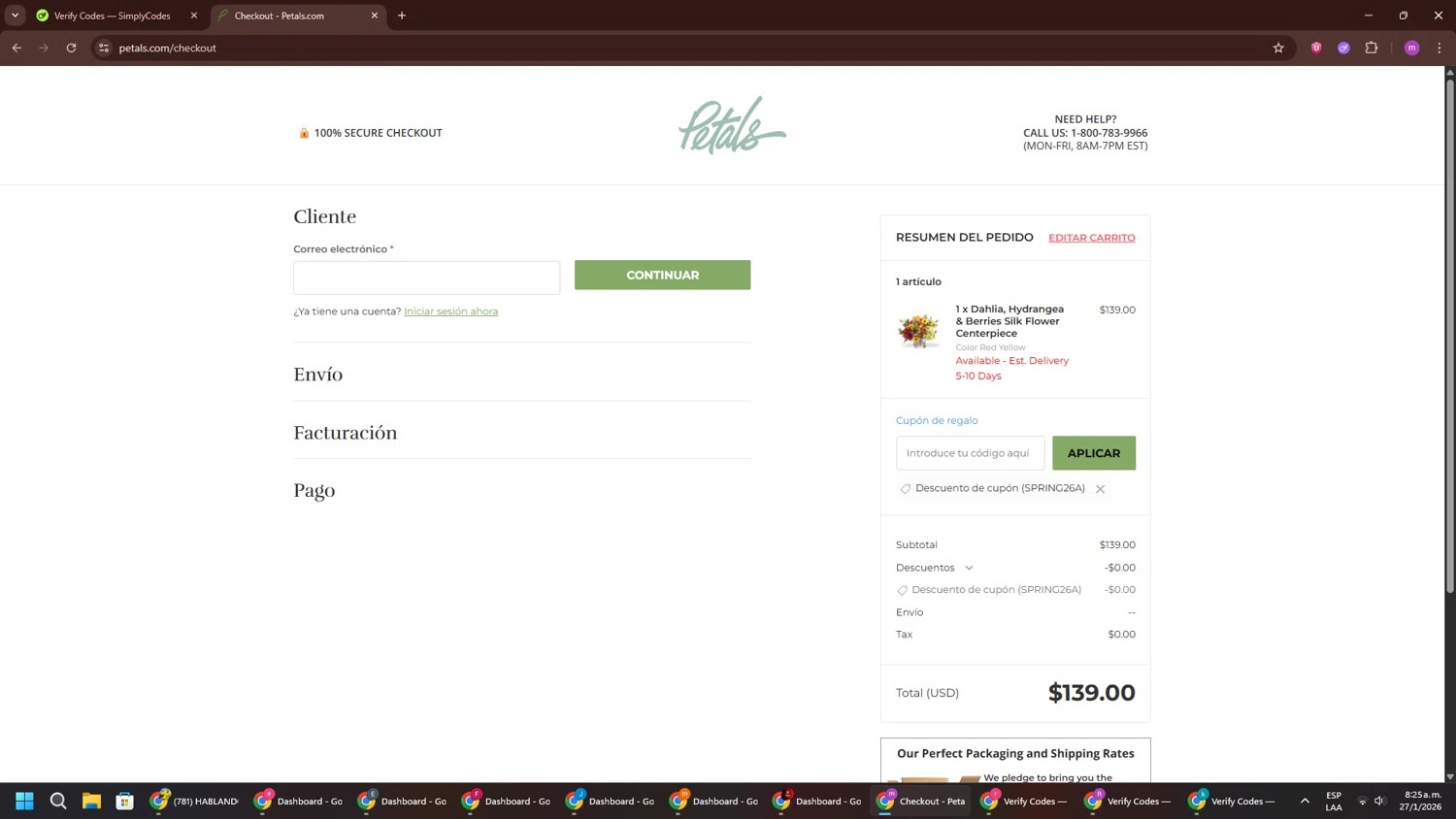 Petals.com checkout page showing Petals.com promo code box | Screenshot taken by SimplyCodes community member on Jan 27, 2026