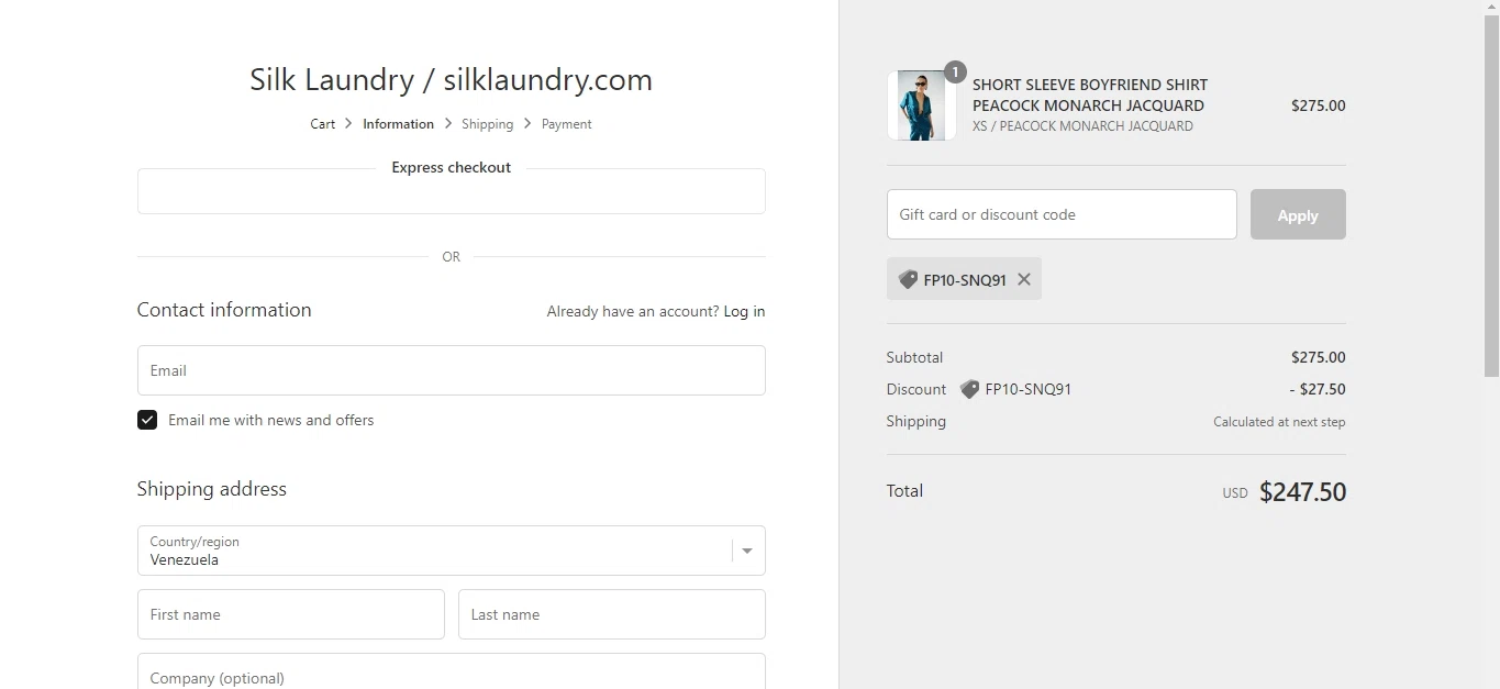 SILK LAUNDRY US checkout page showing SILK LAUNDRY US promo code box | Screenshot taken by SimplyCodes community member on Dec 8, 2022
