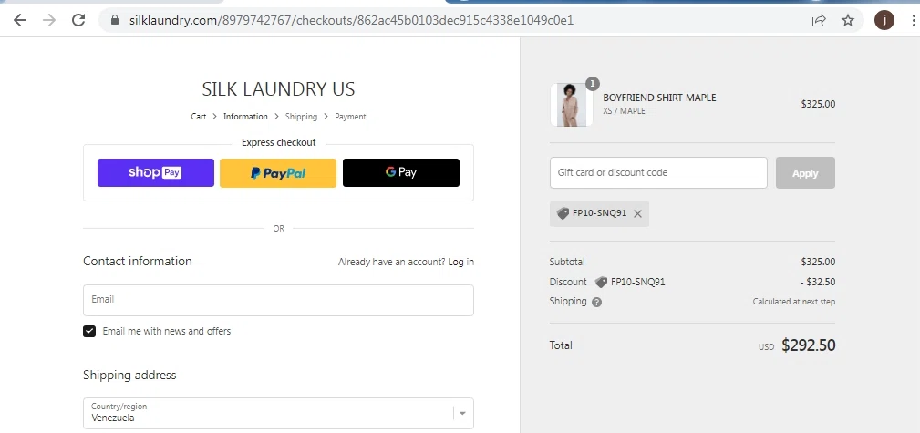 SILK LAUNDRY US checkout page showing SILK LAUNDRY US promo code box | Screenshot taken by SimplyCodes community member on Mar 19, 2022