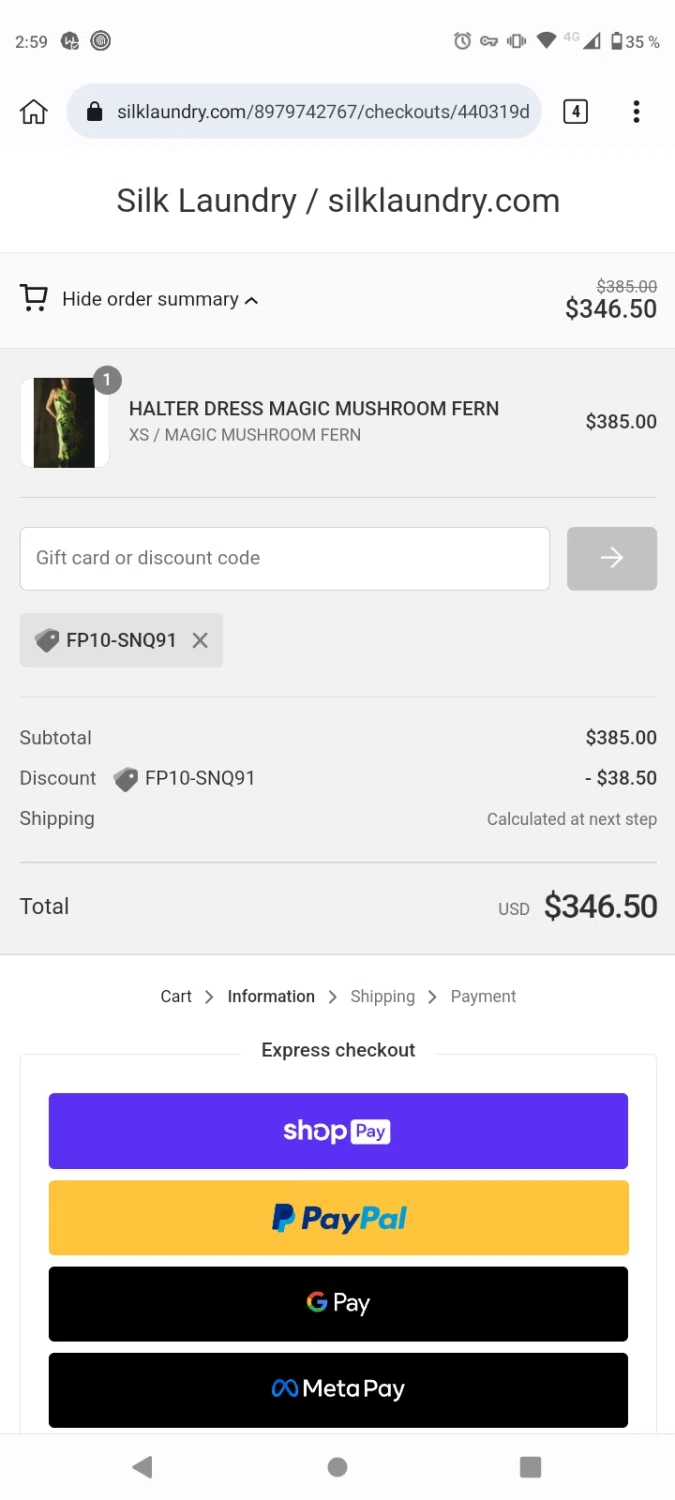 SILK LAUNDRY US checkout page showing SILK LAUNDRY US promo code box | Screenshot taken by SimplyCodes community member on May 26, 2023