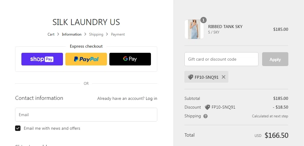 SILK LAUNDRY US checkout page showing SILK LAUNDRY US promo code box | Screenshot taken by SimplyCodes community member on May 22, 2022