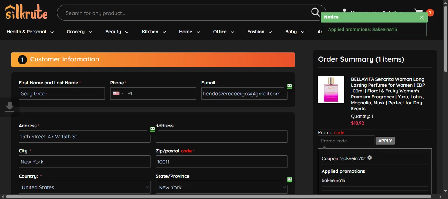 Silkrute promo code screenshot showing code SAKEEINA15 applied at Silkrute checkout page. Uploaded by SimplyCodes community member 111111 on Jun 27, 2025