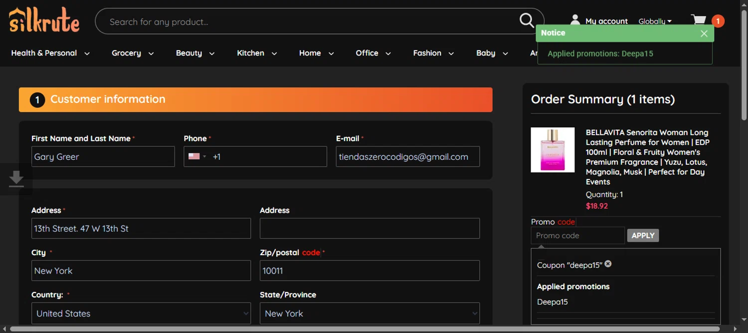 Silkrute promo code screenshot showing code Deepa15 applied at Silkrute checkout page. Uploaded by SimplyCodes community member 111111 on Jun 27, 2025