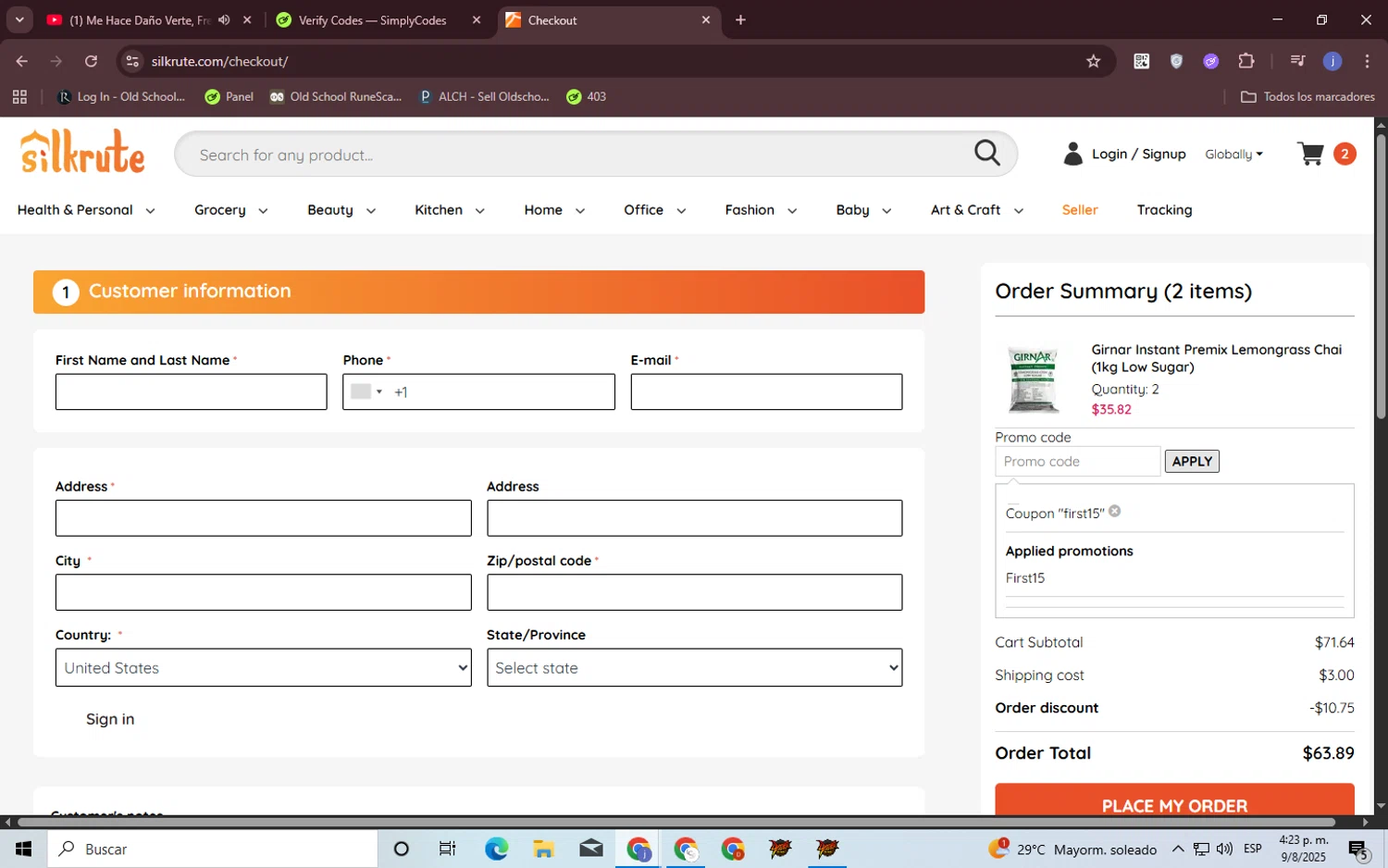 Silkrute promo code screenshot showing code FIRST15 applied at Silkrute checkout page. Uploaded by SimplyCodes community member CouponOwl5049 on Aug 9, 2025