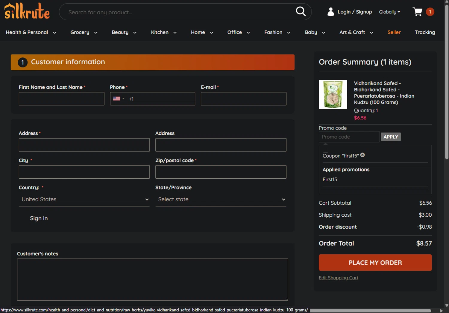 Silkrute promo code screenshot showing code FIRST15 applied at Silkrute checkout page. Uploaded by SimplyCodes community member MoneyWizard9842 on Jun 12, 2025