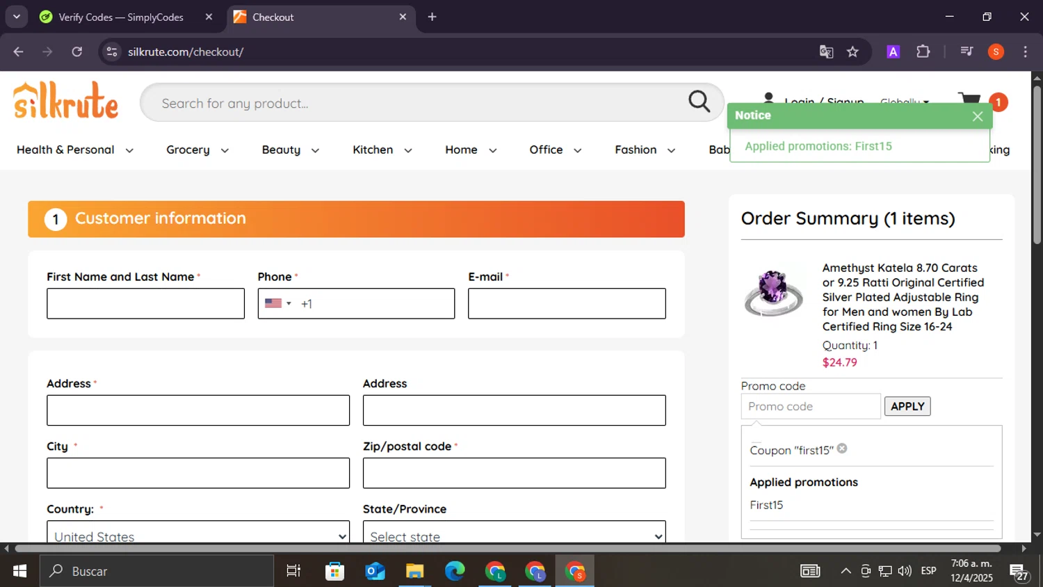 Silkrute promo code screenshot showing code FIRST15 applied at Silkrute checkout page. Uploaded by SimplyCodes community member lacrita_pirueta on Apr 12, 2025