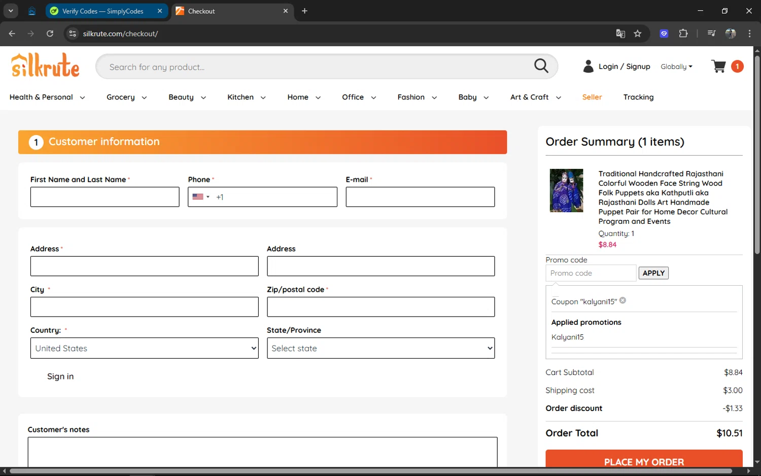 Silkrute promo code screenshot showing code KALYANI15 applied at Silkrute checkout page. Uploaded by SimplyCodes community member XXXTENTACION on Apr 15, 2025