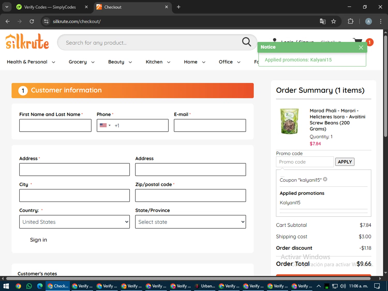 Silkrute promo code screenshot showing code KALYANI15 applied at Silkrute checkout page. Uploaded by SimplyCodes community member trippieredd on Jul 19, 2025