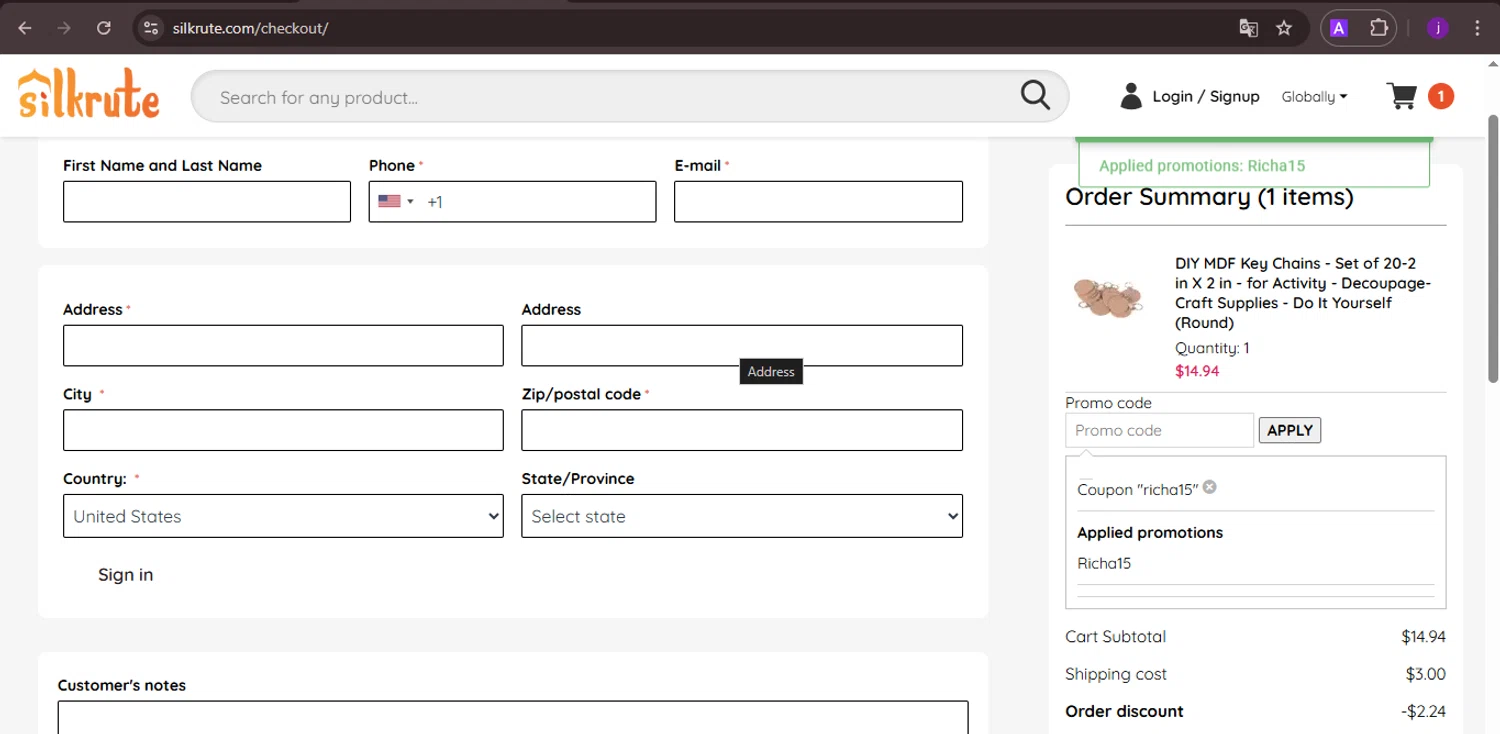 Silkrute promo code screenshot showing code RICHA15 applied at Silkrute checkout page. Uploaded by SimplyCodes community member CoinMaverick1452 on Mar 26, 2025