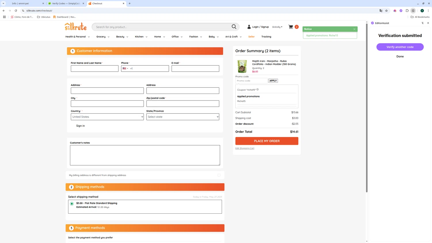 Silkrute promo code screenshot showing code RICHA15 applied at Silkrute checkout page. Uploaded by SimplyCodes community member admeneses on May 23, 2025