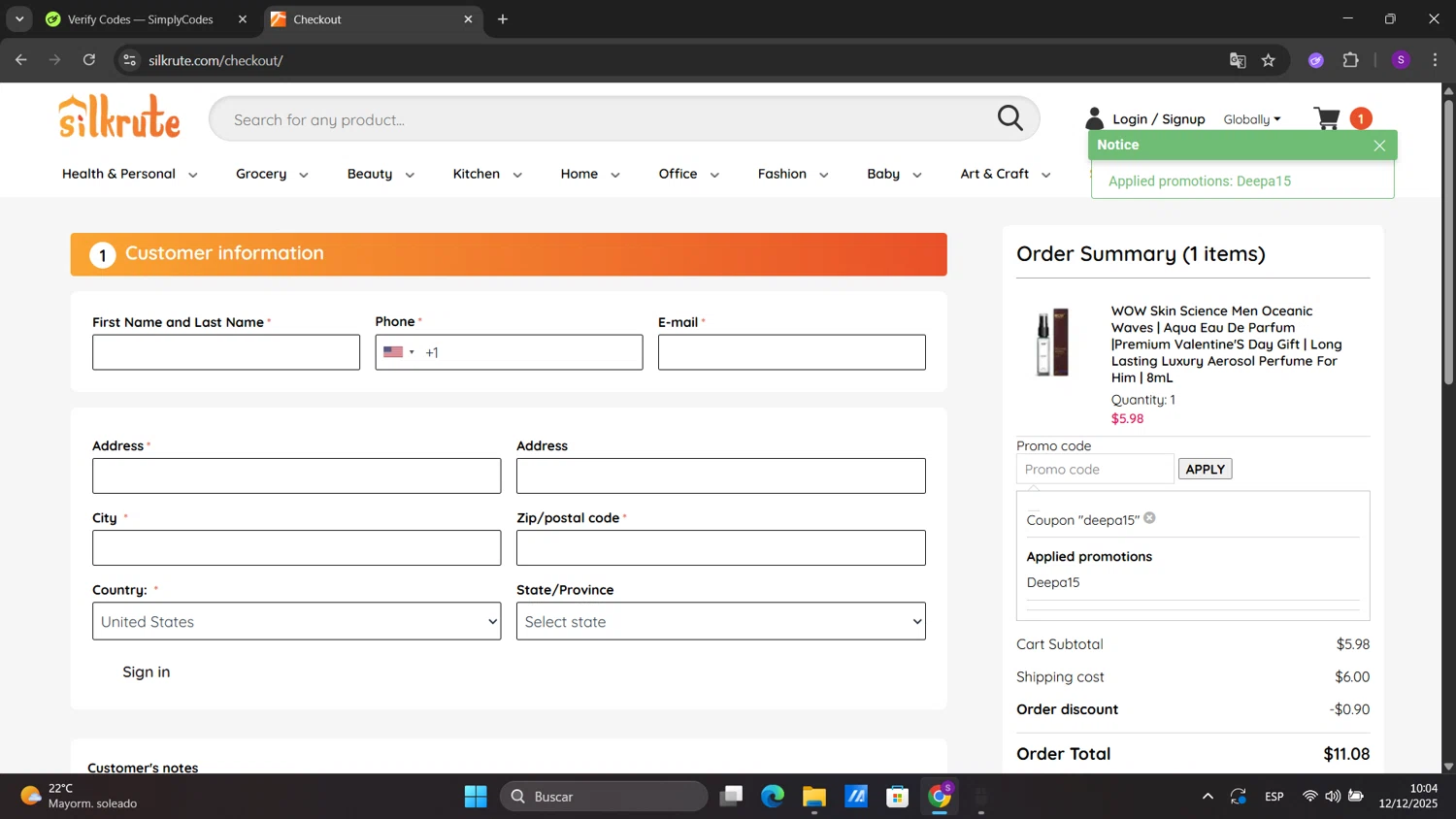 Silkrute promo code screenshot showing code Deepa15 applied at Silkrute checkout page. Uploaded by SimplyCodes community member sorialbam on Dec 12, 2025