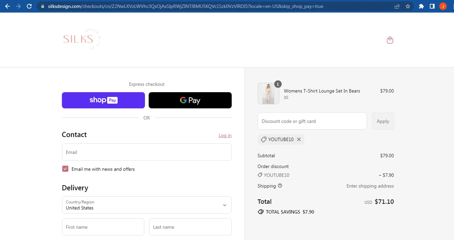 Silks discount code screenshot showing code YOUTUBE10 applied at Silks checkout page. Uploaded by SimplyCodes community member FranquizJoel on Jul 9, 2025