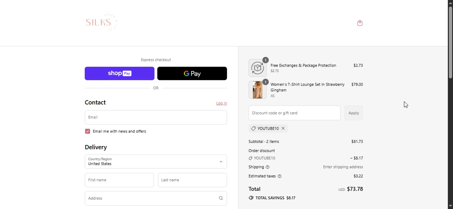 Silks discount code screenshot showing code YOUTUBE10 applied at Silks checkout page. Uploaded by SimplyCodes community member Prospecto on Aug 22, 2025
