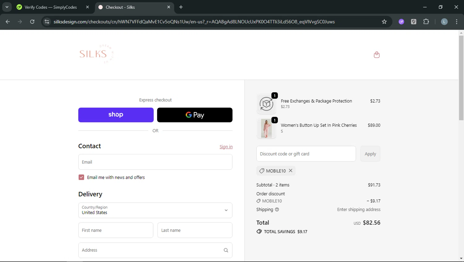 Silks discount code screenshot showing code Mobile10 applied at Silks checkout page. Uploaded by SimplyCodes community member RoyalOwl5790 on Jan 12, 2026