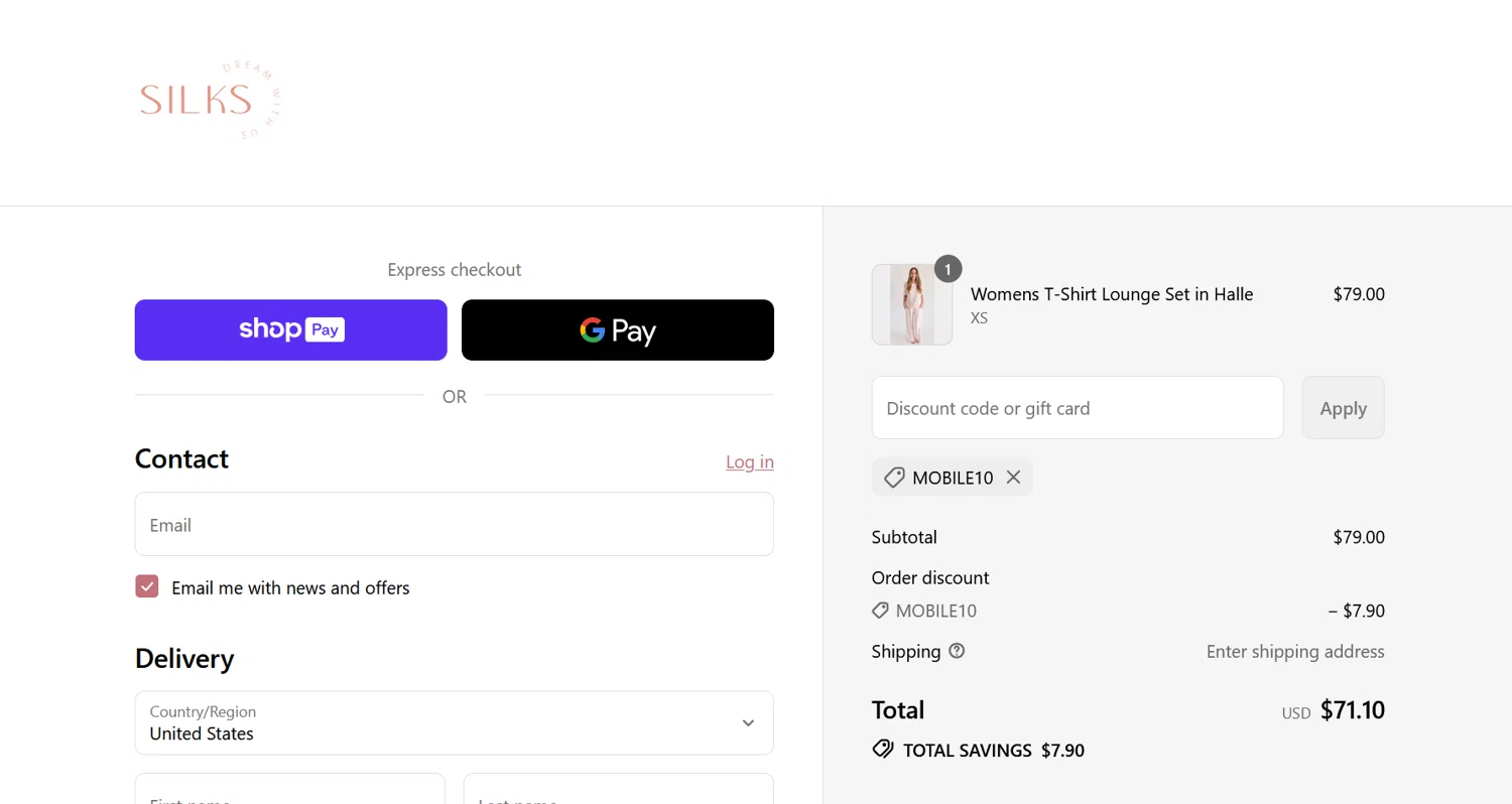Silks discount code screenshot showing code Mobile10 applied at Silks checkout page. Uploaded by SimplyCodes community member ValiantLion5897 on Jul 31, 2025