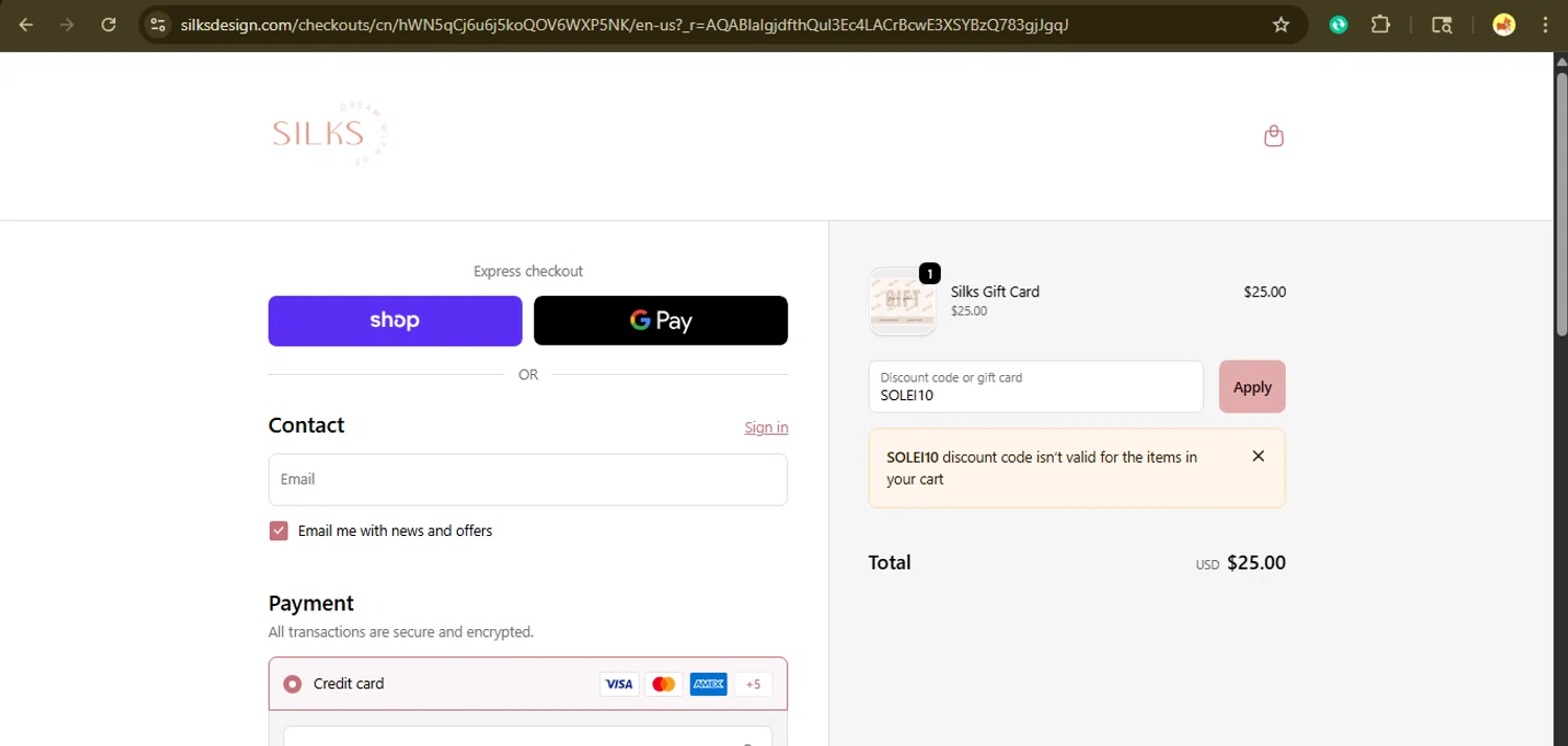 Silks discount code screenshot showing code SOLEI10 applied at Silks checkout page. Uploaded by SimplyCodes community member giselmarstephanny on Nov 29, 2025