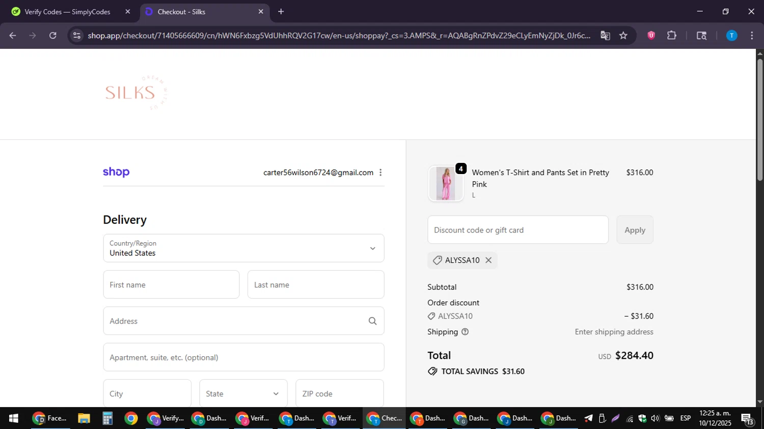 Silks discount code screenshot showing code Alyssa10 applied at Silks checkout page. Uploaded by SimplyCodes community member LuckyPioneer4530 on Dec 10, 2025