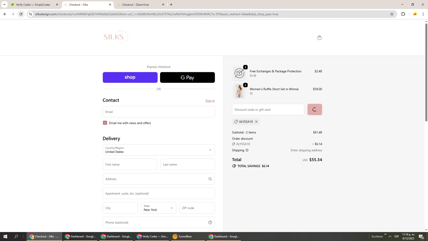 Silks discount code screenshot showing code Alyssa10 applied at Silks checkout page. Uploaded by SimplyCodes community member Richard251 on Dec 10, 2025