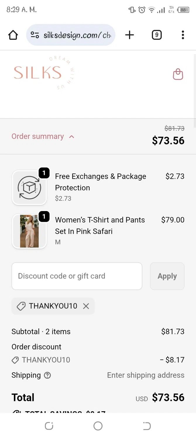 Silks discount code screenshot showing code THANKYOU10 applied at Silks checkout page. Uploaded by SimplyCodes community member Jhoan06 on Nov 8, 2025