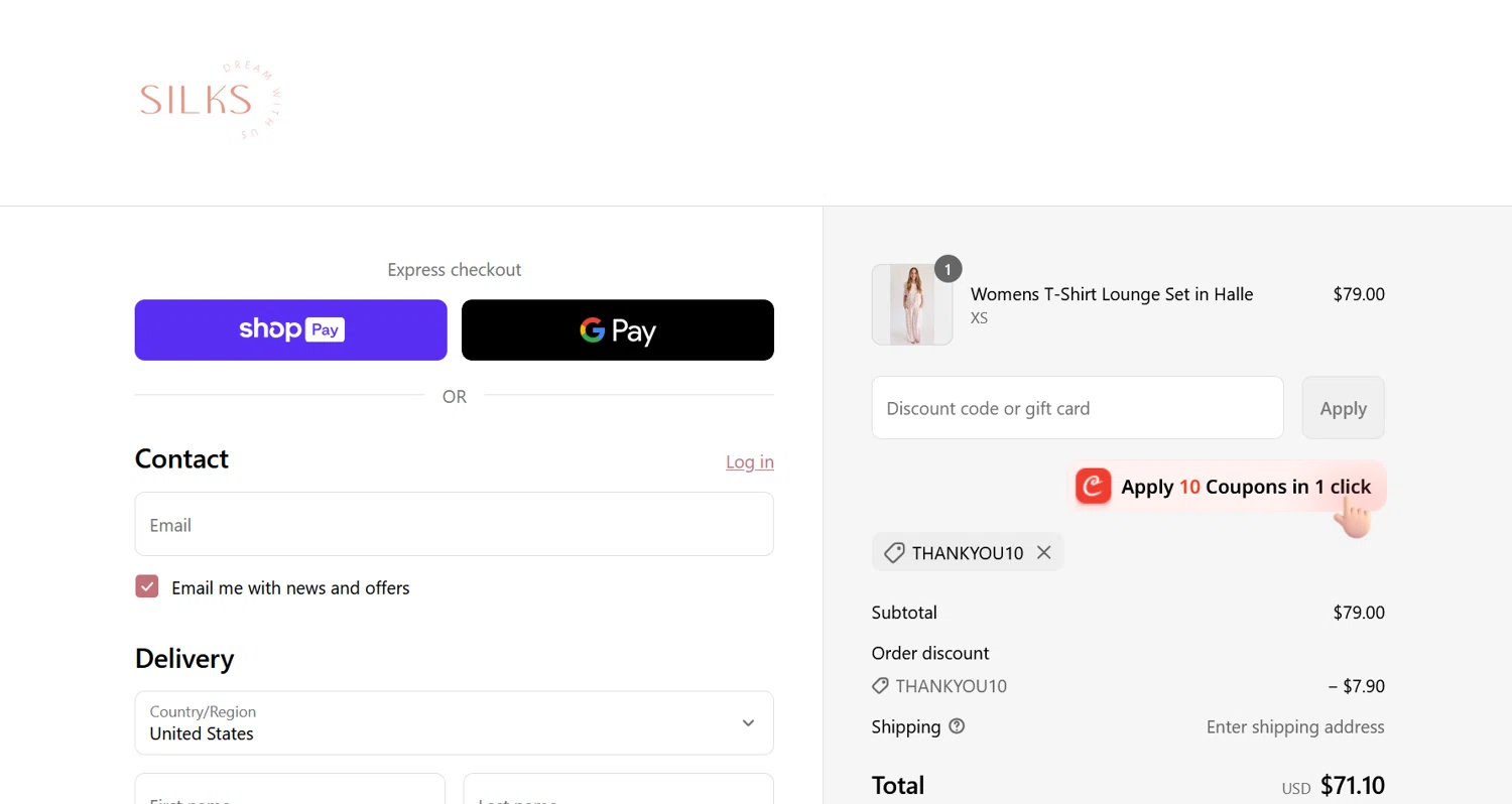 Silks discount code screenshot showing code THANKYOU10 applied at Silks checkout page. Uploaded by SimplyCodes community member ValiantLion5897 on Jul 31, 2025