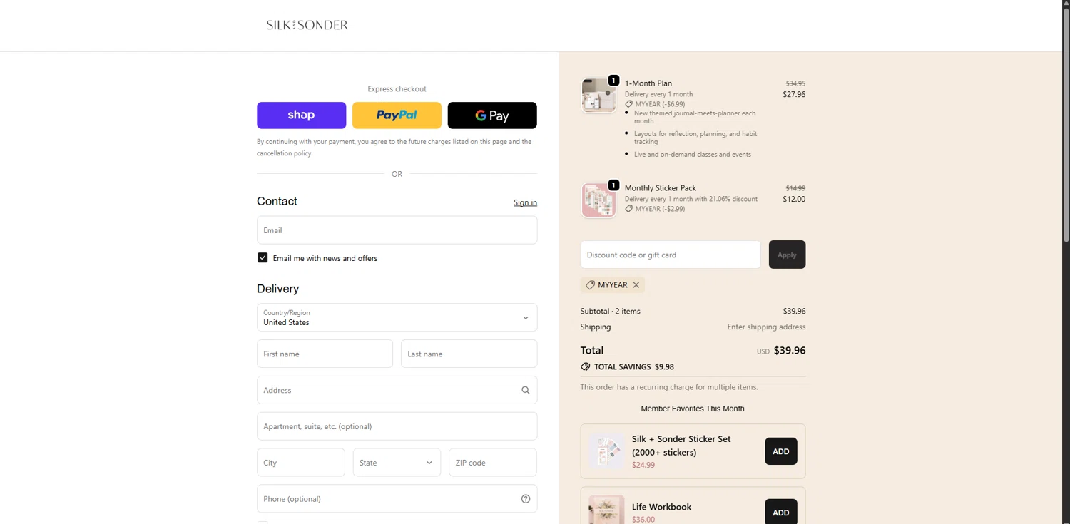 Silk + Sonder promo code screenshot showing code myyear applied at Silk + Sonder checkout page. Uploaded by SimplyCodes community member GoldMonarch2173 on Dec 29, 2025