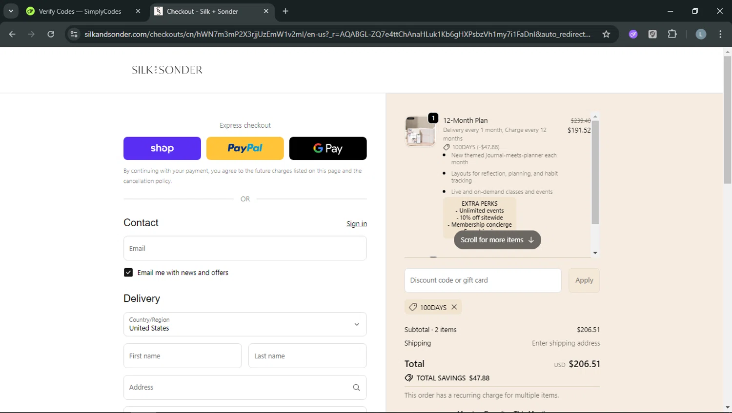Silk + Sonder promo code screenshot showing code 100DAYS applied at Silk + Sonder checkout page. Uploaded by SimplyCodes community member RoyalOwl5790 on Jan 19, 2026