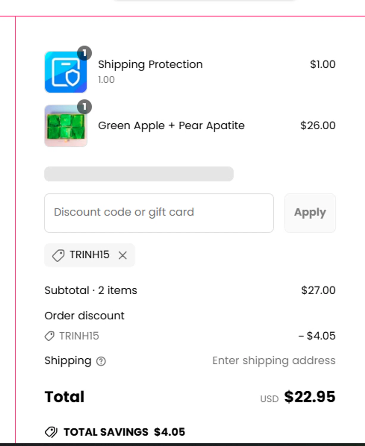 Silky Gem discount code screenshot showing code Trinh15 applied at Silky Gem checkout page. Uploaded by SimplyCodes community member tuvalu10 on Jun 17, 2025