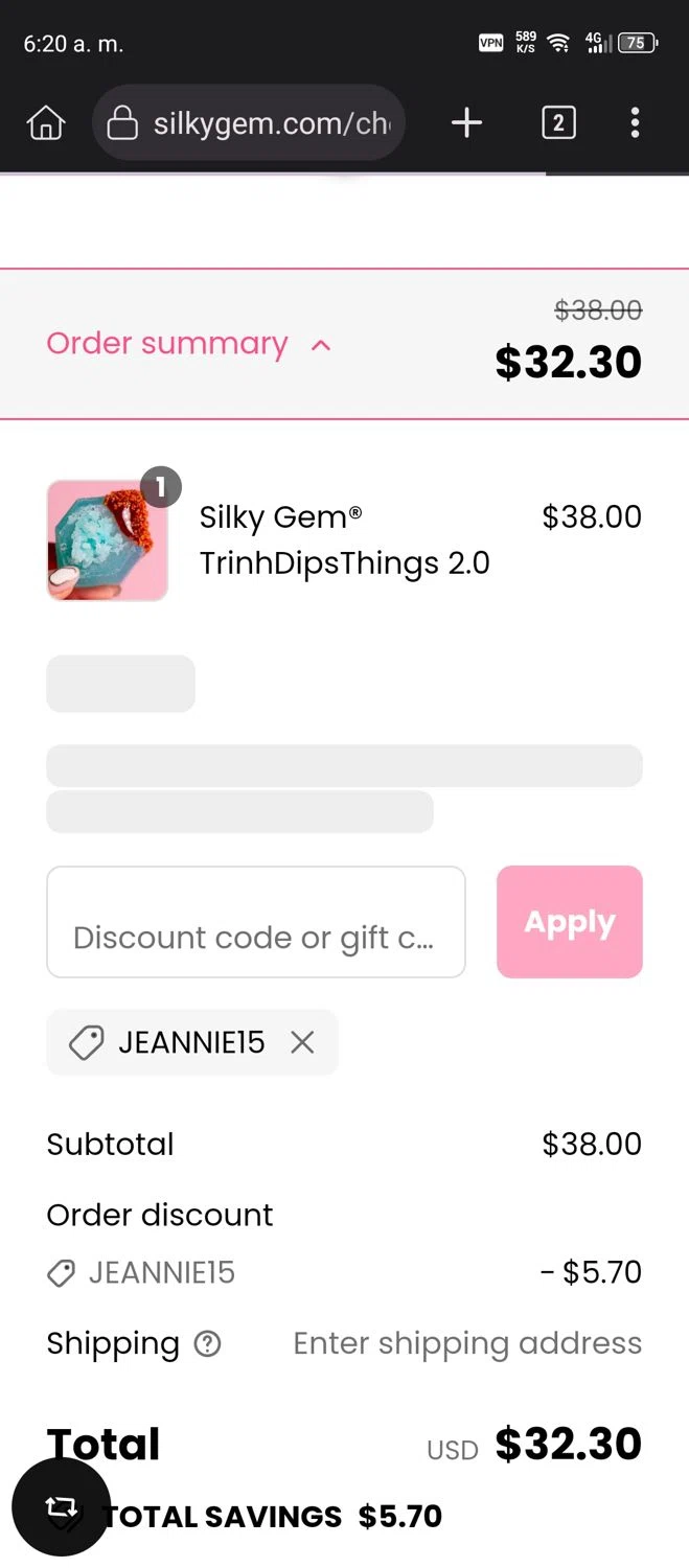 Silky Gem discount code screenshot showing code JEANNIE15 applied at Silky Gem checkout page. Uploaded by SimplyCodes community member GumballWatterson on Sep 11, 2025