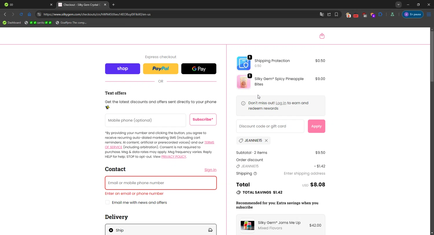 Silky Gem discount code screenshot showing code JEANNIE15 applied at Silky Gem checkout page. Uploaded by SimplyCodes community member SavvySeeker200 on Oct 14, 2025