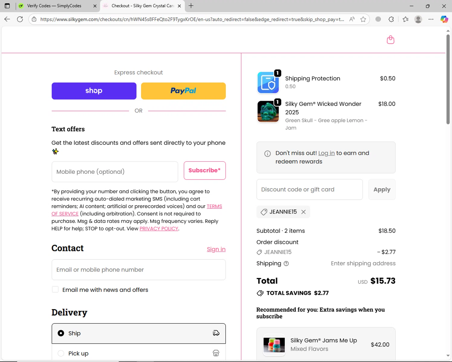 Silky Gem discount code screenshot showing code JEANNIE15 applied at Silky Gem checkout page. Uploaded by SimplyCodes community member jhoanDepp on Oct 14, 2025