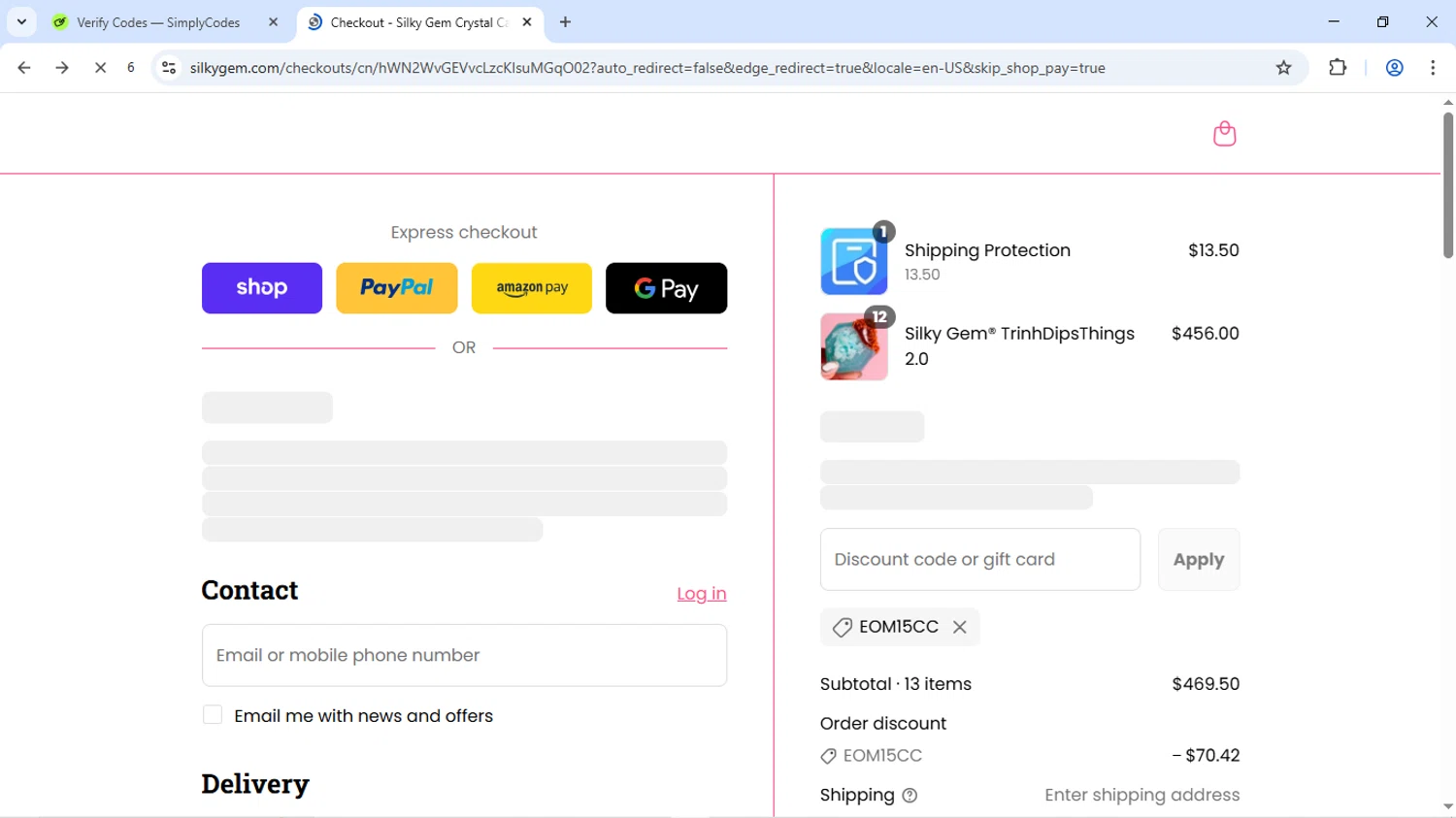 Silky Gem discount code screenshot showing code EOM15CC applied at Silky Gem checkout page. Uploaded by SimplyCodes community member Livingston on Sep 3, 2025
