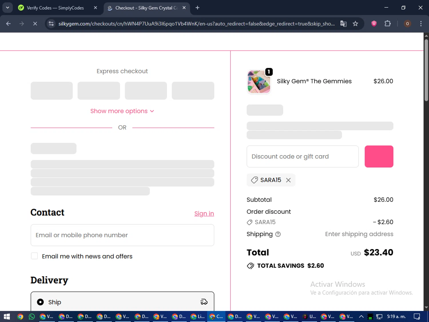 Silky Gem discount code screenshot showing code SARA15 applied at Silky Gem checkout page. Uploaded by SimplyCodes community member Legendar on Oct 22, 2025