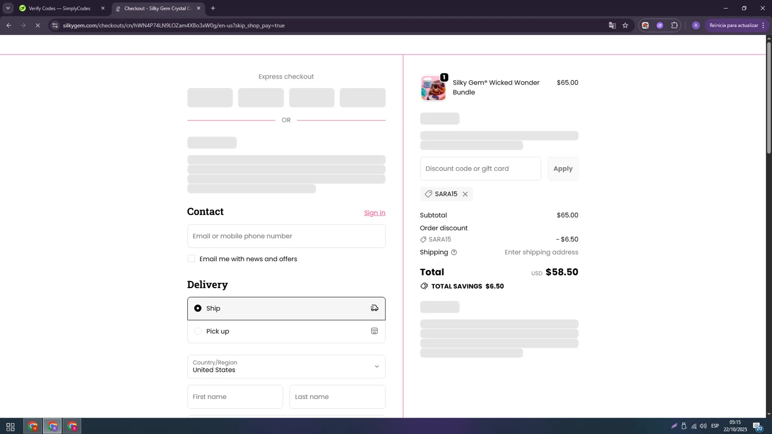 Silky Gem discount code screenshot showing code SARA15 applied at Silky Gem checkout page. Uploaded by SimplyCodes community member usenameee on Oct 22, 2025