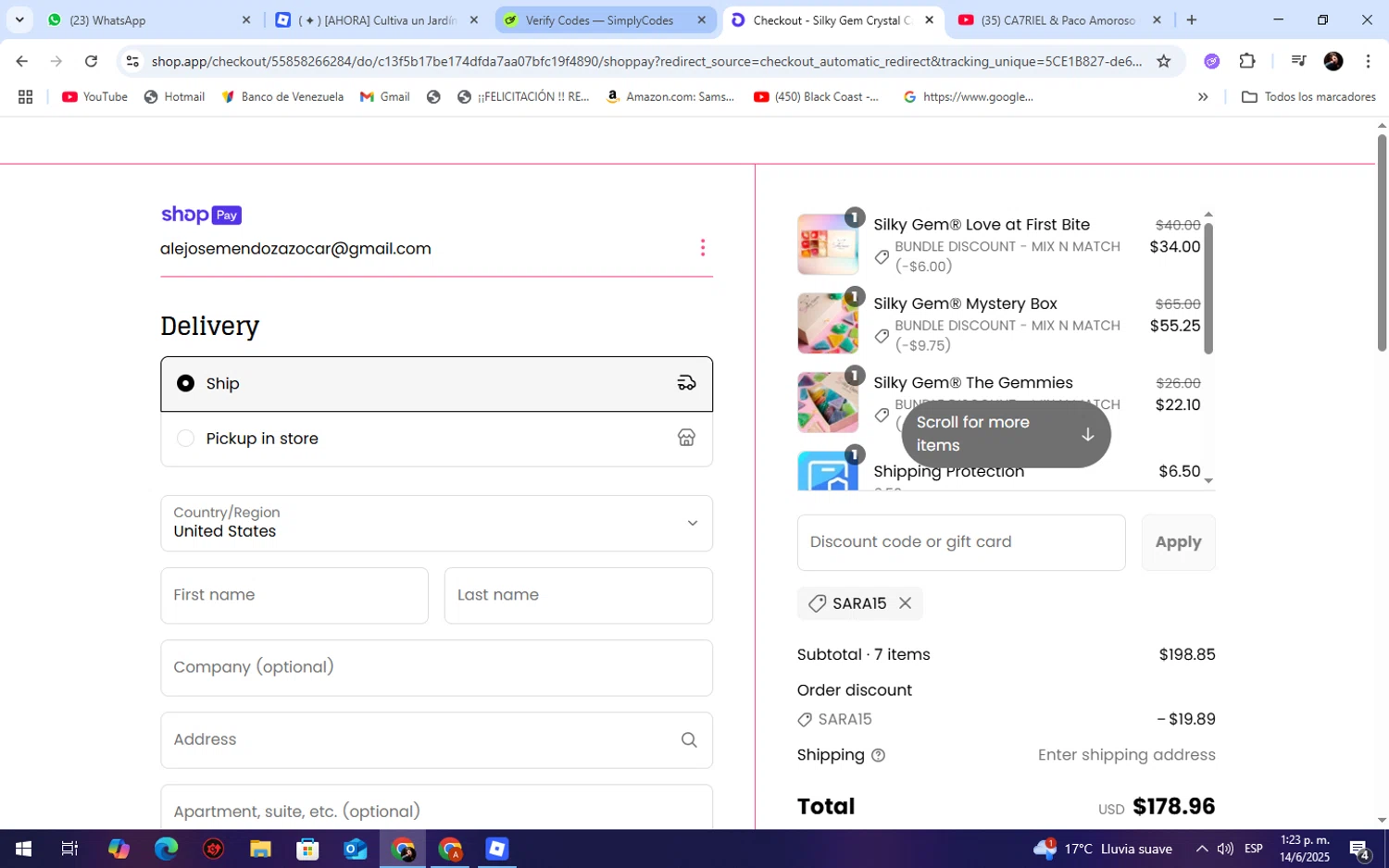 Silky Gem discount code screenshot showing code SARA15 applied at Silky Gem checkout page. Uploaded by SimplyCodes community member WiseScholar9036 on Jun 14, 2025