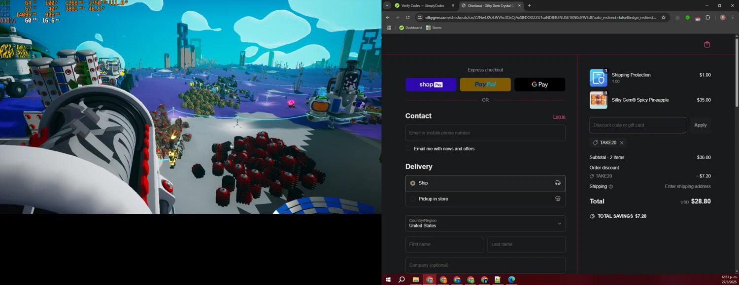Silky Gem discount code screenshot showing code TAKE20 applied at Silky Gem checkout page. Uploaded by SimplyCodes community member PrimeTiger1163 on Mar 27, 2025